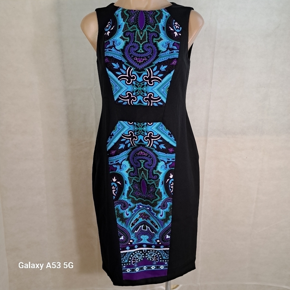 Cach'e Black, Purple & Teal Sheath Like Dress Women's Size 2